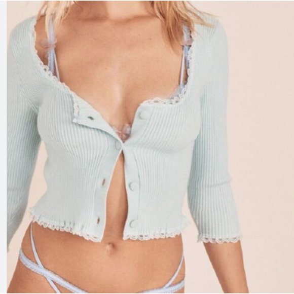 FOR LOVE AND LEMONS Mint Cropped Cardigan - Size Small - Picture 1 of 7